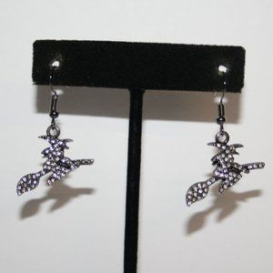 Nwot Gunmetal and CZ sparkling Witch on broom earrings